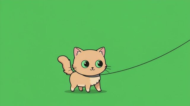 Cute Cartoon Cat on a Leash Against a Green Background