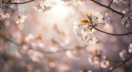 Obraz premium Radiant Spring Blossoms Cherry Tree Flowers in Golden Sunlight