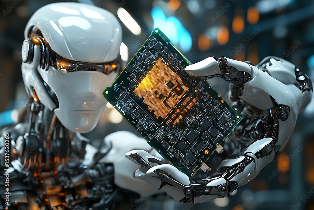 Aufkleber a humanoid robot holding a circuit board with intricate designs and glowing elements in its hands