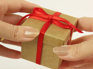 Woman hands holding a gift box with a red bow on white background.
