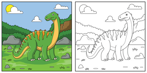 Cute cartoon dinosaur Diplodocu, funny illustration, coloring book for kids and children.