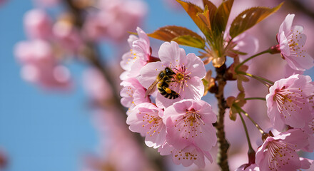 Obraz premium Bee on Cherry Blossom A Springtime Symphony of Nature's Beauty