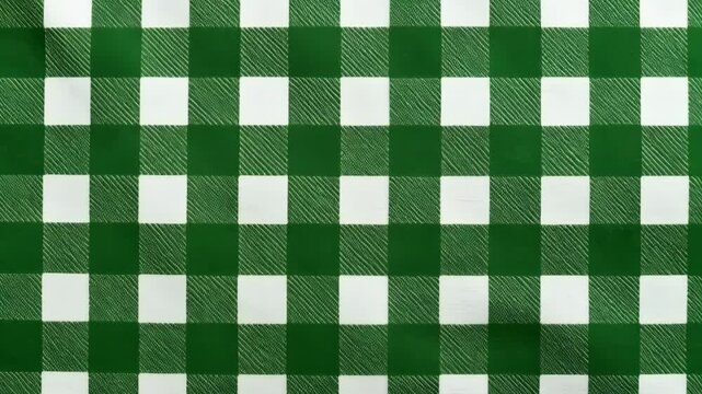 Detailed view of a green and white checkered picnic blanket fabric texture creating a repeating square pattern for tablecloth design and background use
