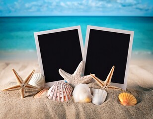 summer vacation memories blank photo frames on sand with seashells