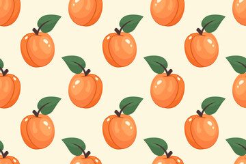 Apricot background. Fruit Seamless pattern. Whole Ripe apricot with green leaf. Repeatable texture with fresh juicy vitamin. Vector illustration for wallpaper, textile, print, packaging