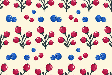 Berry Seamless pattern. Berries background. Bunch of red currants and blueberry. Whole Ripe fruits on white background. Repeatable texture with fresh juicy vitamin. Vector illustration