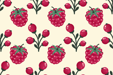 Fruits Seamless pattern. Berries background. Bunch of red currants and raspberry. Whole Ripe fruits on white background. Repeatable texture with fresh juicy vitamin. Vector illustration