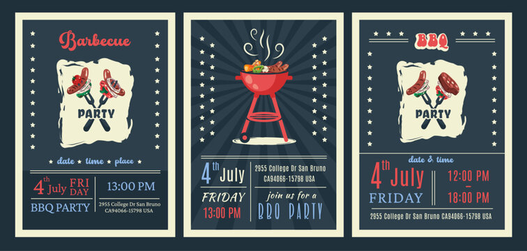 BBQ party. American 4th of July Celebration. Set of Set of barbecue invitation. Holiday card, poster, banner, flyer template for bbq picnic. Vector illustration with brazier, steaks, vegetables
