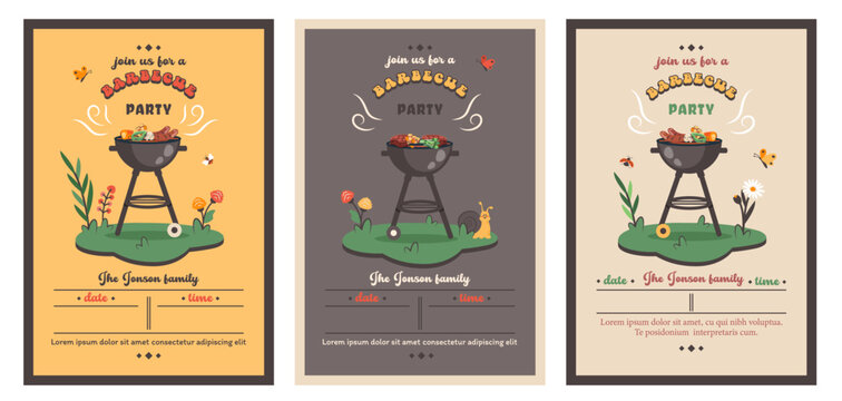 Barbecue party. Summer picnic. Set of BBQ card in retro style. Summer barbecue picnic. Bbq background with grill, steaks, meat food, vegetables, cutlery, text. Vector cartoon illustration