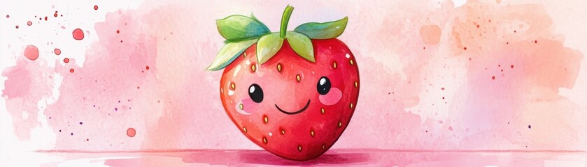 Obraz premium A cute, smiling strawberry cartoon with green leaves on a pink watercolor background featuring splashes and hearts.