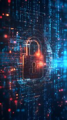 Glowing padlock icon on a digital background with lines and dots representing security and data protection
