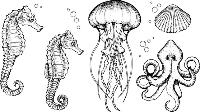 Vector set with Sea Animals. Hand drawn sketch of Seahorse, Jellyfish and Octopus. Illustration with underwater sealife painted by black inks in line art style. Engraving of medusa for icon or logo.