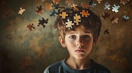 child with puzzle pieces floating around his head, some pieces missing, surreal symbolism of confusion generative ai