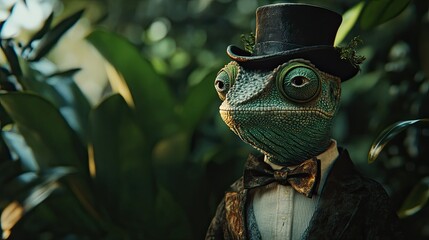 A chameleon wearing an old-fashioned hat and blue suit