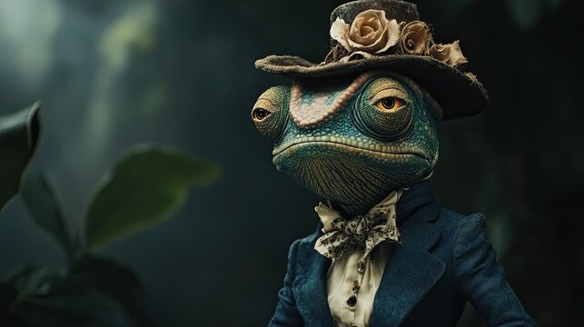 A chameleon wearing an old-fashioned hat and blue suit