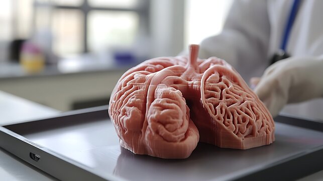 A human brain model rests on a tray held by a person in a lab coat and gloves in a bright setting