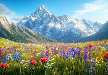 A cinematic mountain landscape with alpine meadows and wildflowers, bathed in the golden light of the late afternoon sun