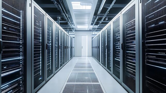 A long hallway filled with server racks in a data center with bright lights and a raised floor system