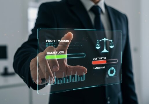 Businessman using digital interface with financial data and analytics