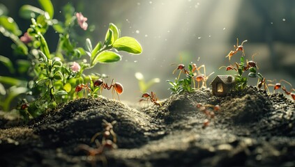 A cinematic photograph of ants working in the dirt, there is also an ant-hill with plants and miniature houses