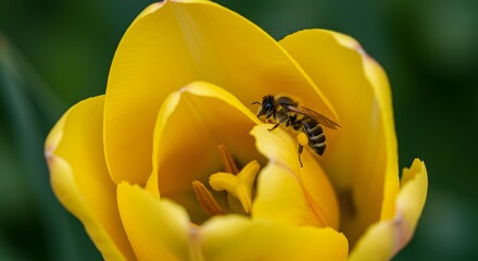 Golden Tulip Bloom with Honeybee A Springtime Close-Up