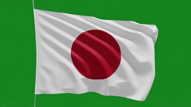Waving Flag of Japan, the Nisshoki or Hinomaru, on a green screen.