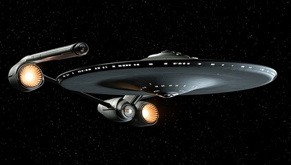 A cinematic shot of the Star Trek U.S.S. Enterprise NCC-1701 spaceship flying through space