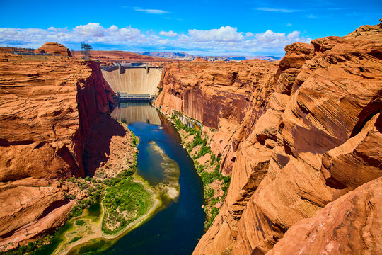 Aerial Fly Over Glen Canyon Dam Colorado River and Red Rock Formations