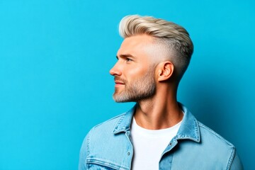 Blue solid background. Trendy men's buzz cut haircut - midlife white man with blond hair. Visual design of style for aging men. A happy man in a studio photo.