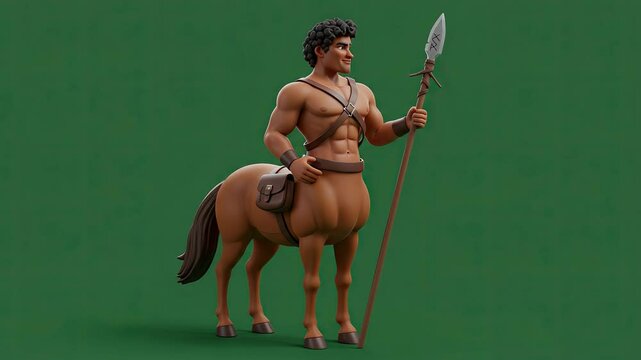 Mythical centaur warrior with spear and shield on a green screen background.