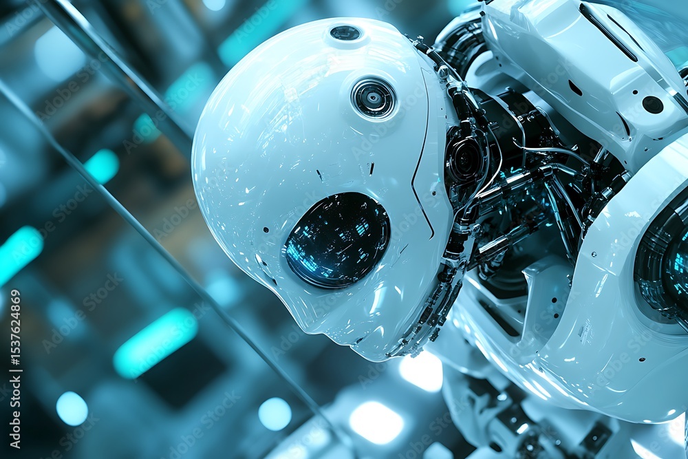 Poster close up of a futuristic white robot with visible mechanics and blue lighting in the background