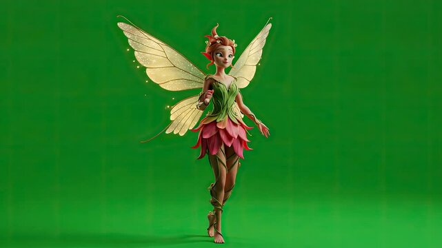 Beautiful flying fairy with glowing wings on a green screen background.