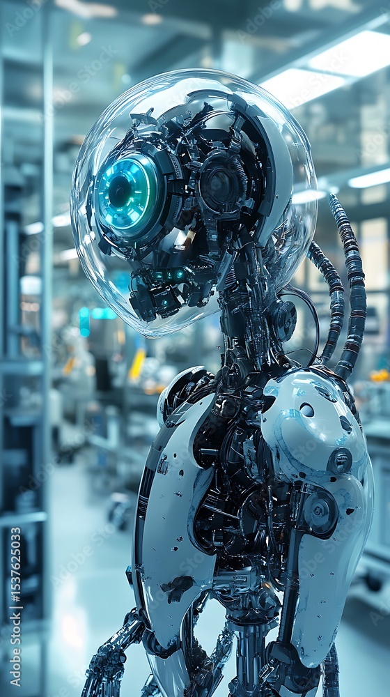 Poster a futuristic robot with a clear dome head and visible mechanical components standing in a bright roo