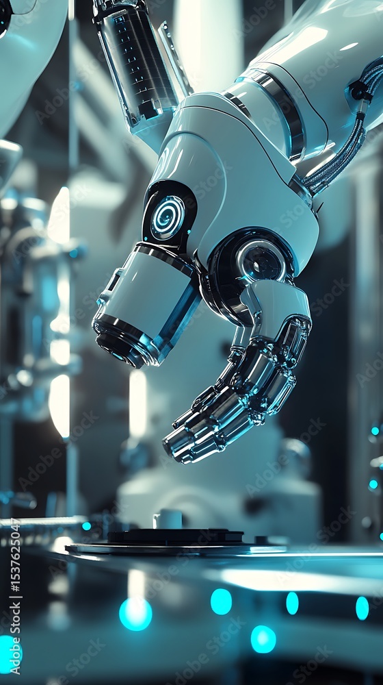 Aufkleber a robotic arm reaching down towards a platform in a futuristic laboratory environment setting scene
