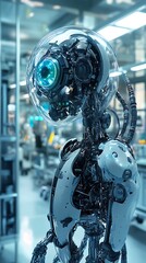 Fototapeta premium A futuristic robot with a clear dome head and visible mechanical components standing in a bright room