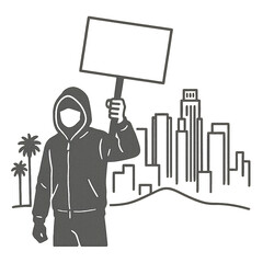 Vector Silhouette of Protester with Blank Sign and Urban Line Art Background