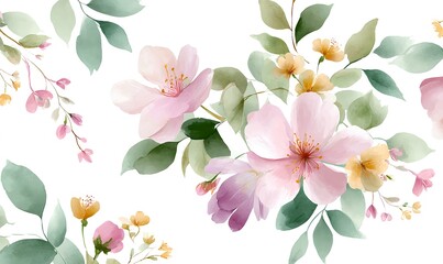 Elegant watercolor flower pattern in gentle pastels on white with big blooms petite foliage and airy brushwork evoking a refined spring palette