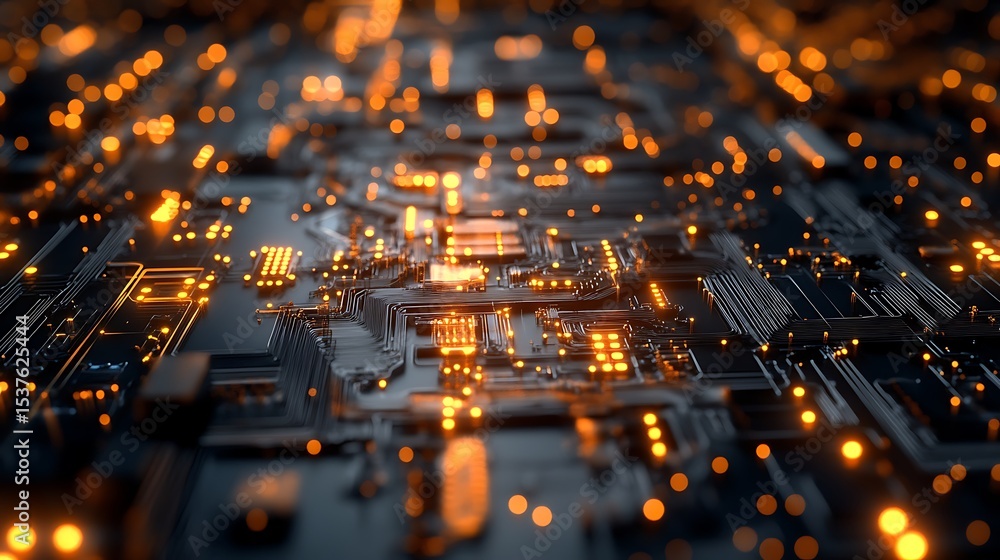 Poster close up view of a circuit board with glowing orange lights and intricate pathways and connections