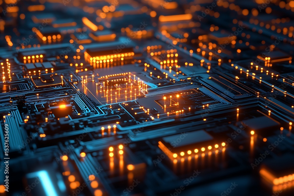 Poster close up view of a complex circuit board with glowing orange lights and intricate blue lines