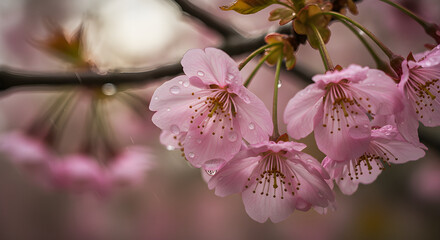 Fototapeta premium Delicate Pink Cherry Blossoms Glistening with Raindrops A Springtime Delight