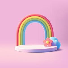 Cute 3D rainbow, daisy, cloud on pink background. For concepts of promotional offers, product promotions. Vector illustration.