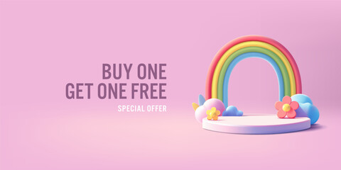 Buy one, get one free. Empty podium, rainbow, flowers, cloud. Special offer. Advertising of goods and products. Vector illustration.