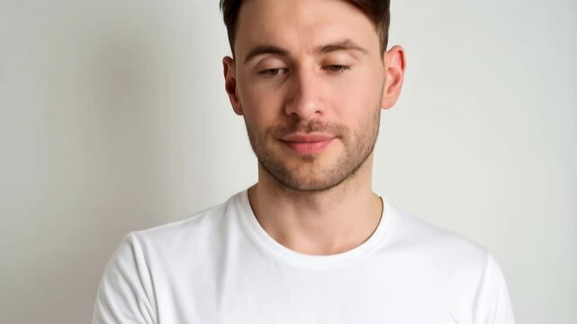 Man in white shirt holding an injured arm wrapped in white bandage against a neutral background.
