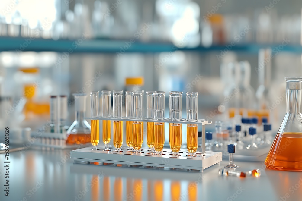Poster test tubes with orange liquid in a rack with beakers and flasks in a laboratory setting on a table