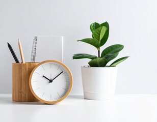 green plant and clock on white rable
