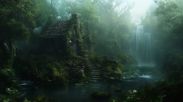 A cottage nestled in a lush forest with a waterfall and stream in a misty and serene environment