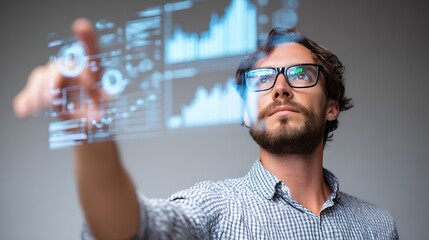 Futuristic Data Analysis: Man Interacting with Holographic Interface