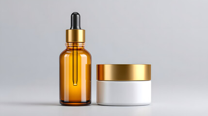 Naklejka premium Amber glass dropper bottle and white cosmetic jar with golden caps on neutral background, showcasing high end skincare product mockup