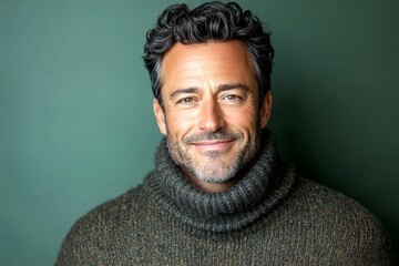 Obraz premium Modish men's textured crop haircut - midlife white man with black hair. A confident man in a professional studio photo. Idea of style for aging men. Green solid background.