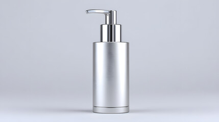 Sleek silver pump bottle with minimalist design, perfect for cosmetics or skincare products, set against neutral background. Ideal for high end branding